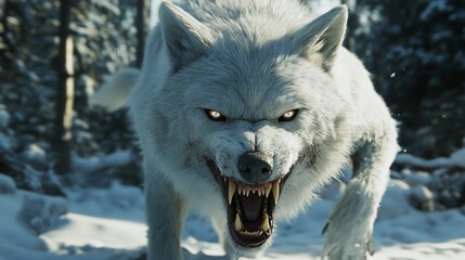 Obraz premium Fierce White Wolf in Winter Forest, AI generated illustration
