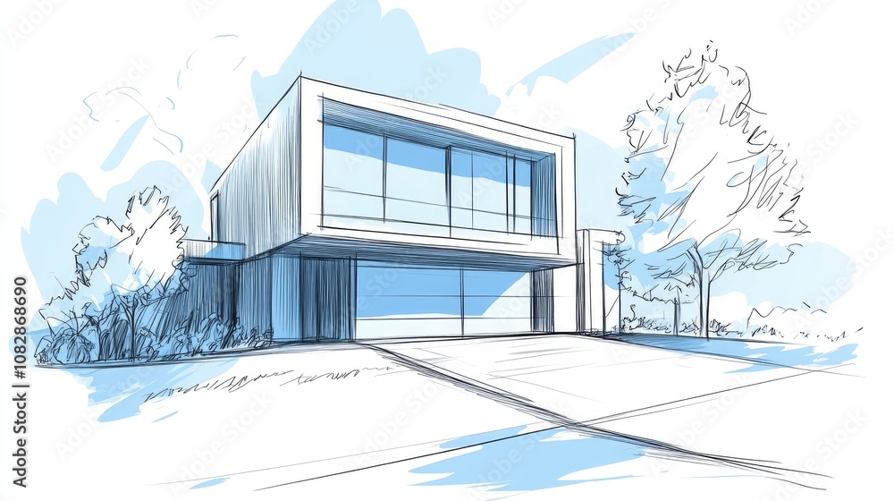 Poster line art depiction of an architectural sketch in a three dimensional style