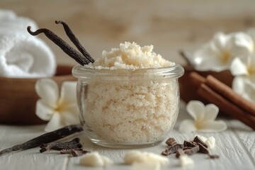 luxury skincare products, a gentle body scrub in a glass jar with cocoa butter, vanilla pods, placed in a neat bathroom for a cozy experience