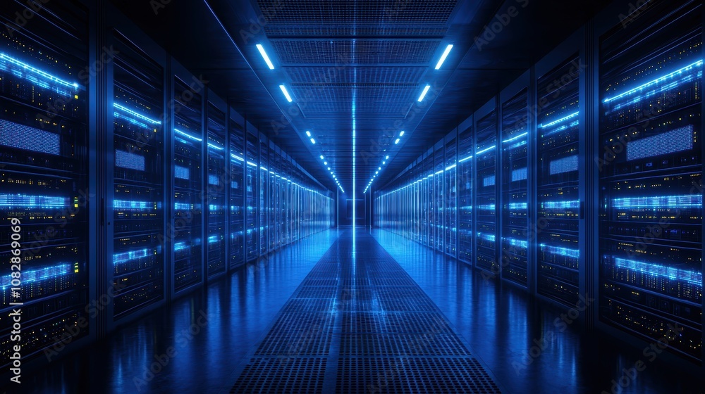 Poster futuristic data center with blue led lights and advanced server technology for it solutions