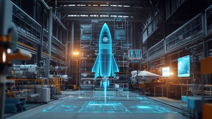 Digital twin of an industrial air with digital overlay showing data and collaboration icons, highlighting the integration between blue rocket on one side