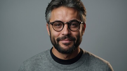 Obraz premium Middle-aged Man With Glasses Smiling Against a Neutral Background