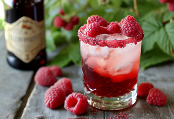 Refreshing raspberry cocktail on a rustic wooden table surrounded by fresh berries