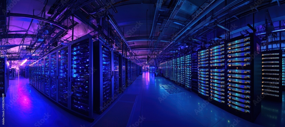 Poster panoramic view of a data center with rows of servers and blue lighting for technology design