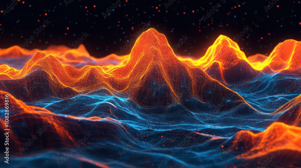 Poster abstract digital landscape with glowing lines and particles.