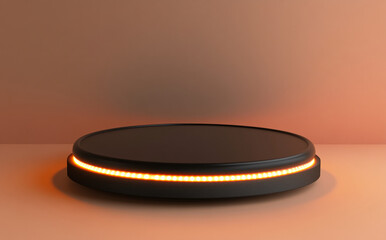 Modern display pedestal with warm orange lighting showcasing a smooth round surface in a minimalist setting during twilight hours