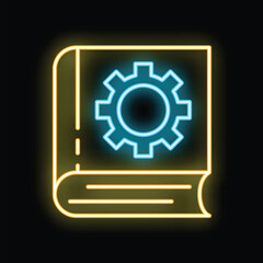 Glowing neon icon featuring a book with a prominent cogwheel on its cover, representing technical documentation and manuals