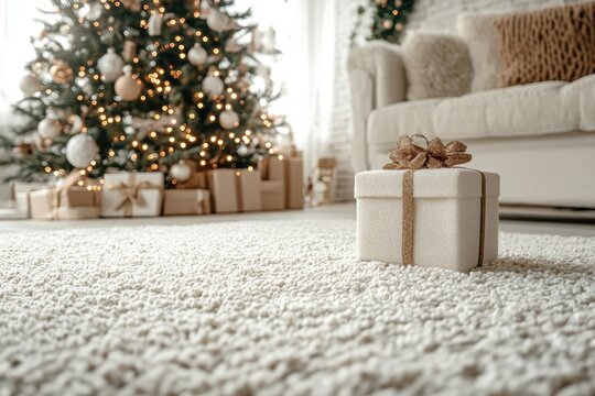 holiday home decor, festive scene a christmas gift box under tree on white carpet in brightly lit living room with space for text