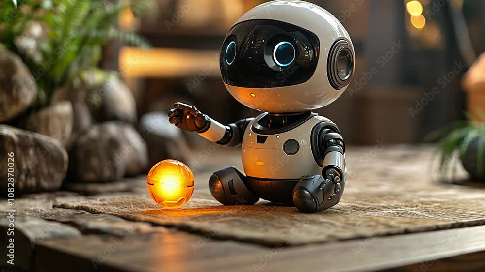 Poster a small robot interacts with a glowing orb in a cozy indoor setting during a quiet evening