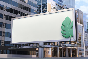 White Blank Billboard with Green Leaf Decor in Front of Modern Architecture