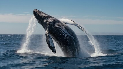Fototapeta premium A Humpback Whale Breaches the Surface of the Ocean During a Sunny Day in the Pacific