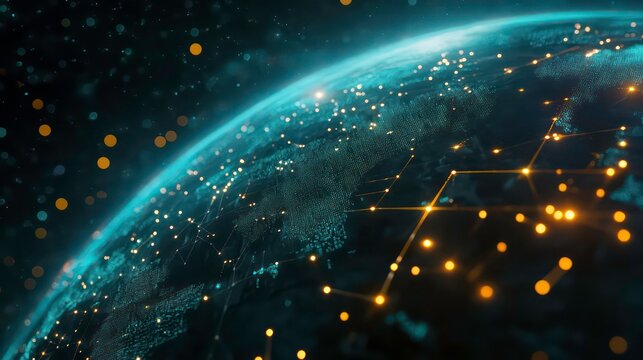 Digital globe with glowing data points representing global internet connections futuristic cyber world