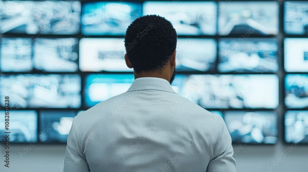 Aufkleber monitoring security systems professional analyst observing multiple screens in control room high-tec