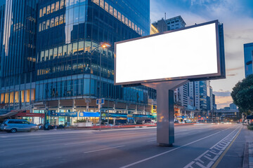 Modern Digital Billboard on a Busy City Sidewalk – Reflecting Skyscrapers and Ready for Attention-Grabbing Advertisements