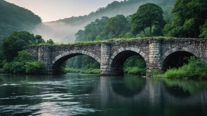 Fototapeta premium Ancient Stone Bridge Over a Calm River Surrounded by Lush Greenery on a Misty Day