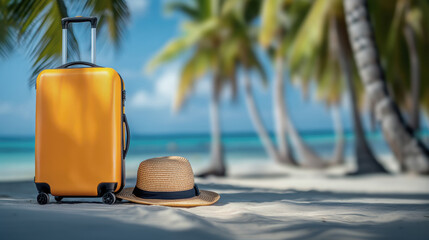 Bright suitcase and straw hat on tropical beach under palm trees
