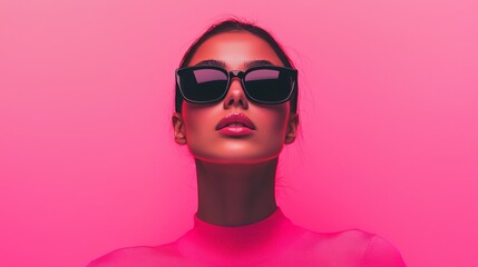 Stylish woman posing in sunglasses studio fashion photography pink background close-up trendy aesthetic