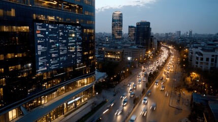 Overlooking bustling city streets, a building’s illuminated data dashboard embodies the fusion of technology, analytics, and urban life at twilight.