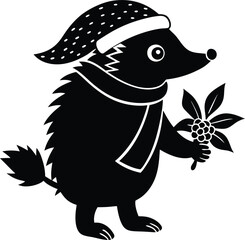 Silhouette Vector Illustration of a Cute Animal in Santa Hat and Scarf