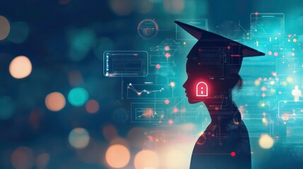 Silhouette of a graduate with a padlock symbol on their chest, representing data security and privacy.