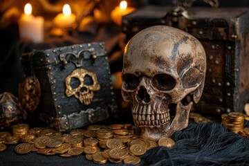 A realistic skull rests on a dark surface surrounded by gold coins and a decorative treasure chest. Flickering candles add a mysterious glow to the scene, enhancing the spooky ambiance