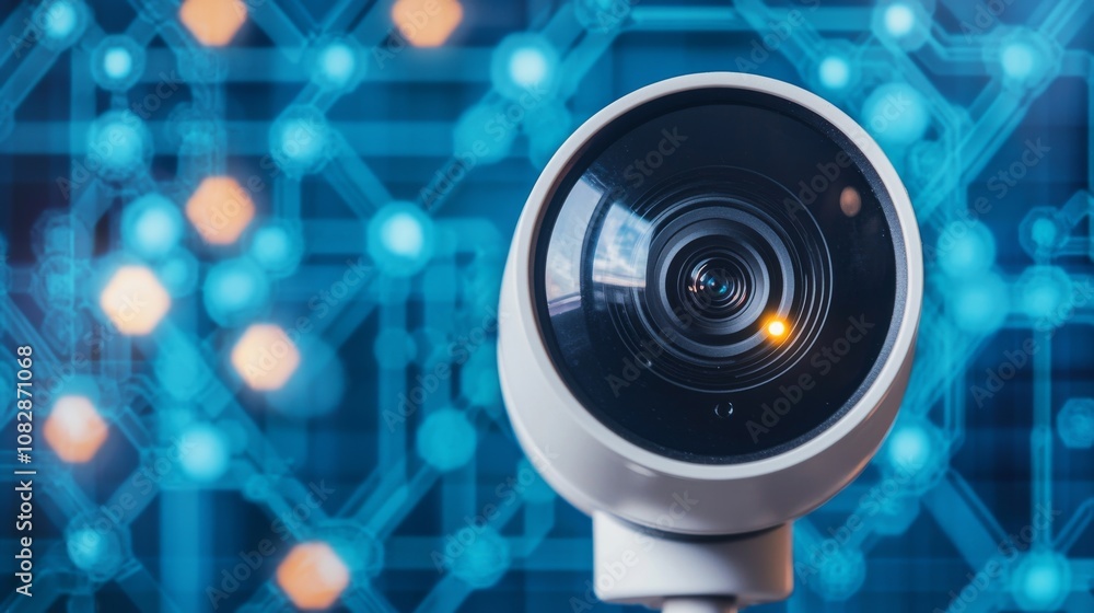 Aufkleber surveillance camera captured on digital circuit background in modern setting technology concept focu