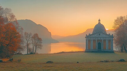 Obraz premium A serene landscape featuring a historic building by a lake at sunrise.