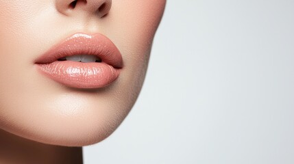 Obraz premium Close-up action of glossy lips studio beauty photography minimalist background portrait view modern aesthetic