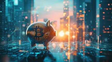 Cryptocurrency Savings: Piggy Bank and Digital Coins in Futuristic Cityscape Background