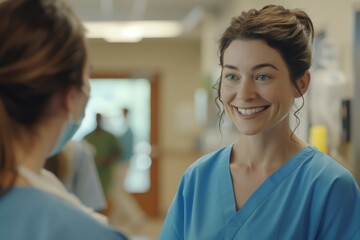 Obraz premium Two female hospital employees happily engaging in a conversation with each other