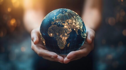 Fototapeta premium Close-up of hands holding a glowing globe with continents outlined in blue, representing global connection and care for the Earth.