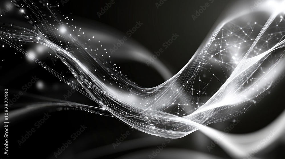 Poster line art illustration of dynamic digital light streaks abstract motion background featuring computer
