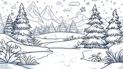 Line art illustration depicting a winter nature scene with a Christmas theme