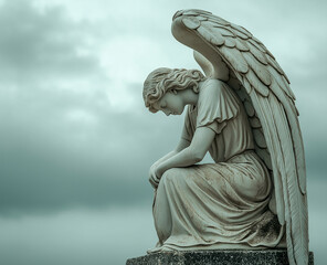An ancient sculpture of a sad angel mourning the dead
