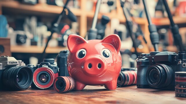 Savings for Photography Gear Hobby with Camera Piggy Bank and Equipment