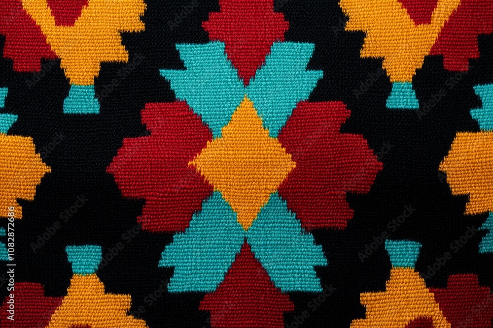 Wall mural Bright Southwestern geometric pattern with red, yellow, and turquoise hues on a black fabric backdrop