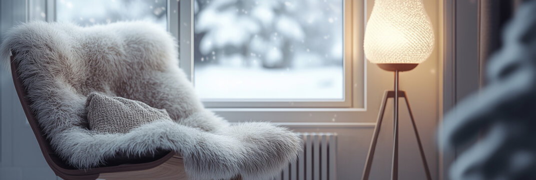 Cozy winter interior with soft chair and warm lighting
