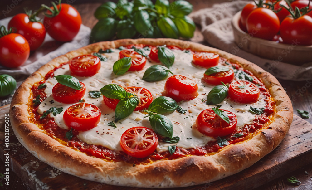 Poster pizza with tomatoes and basil on top