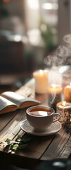 Cozy morning ambiance with steaming coffee and warm candlelight