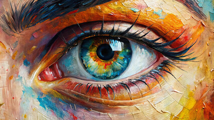 Conceptual abstract eye closeup of an oil painting and palette knife on canvas. Oil painting in colorful colors
