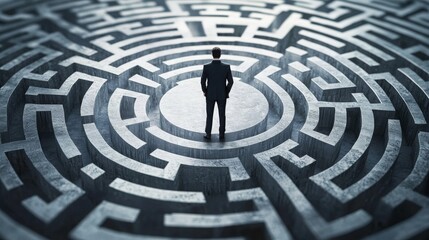 Businessman Standing in the Center of a Complex Labyrinth Symbolizing Challenges and Strategic Decision-Making in a Modern Corporate Environment