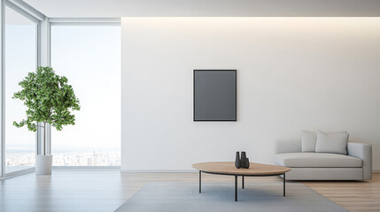 Fototapeta premium Modern minimalist interior design featuring a room with a cozy sofa and natural light in a high-rise apartment
