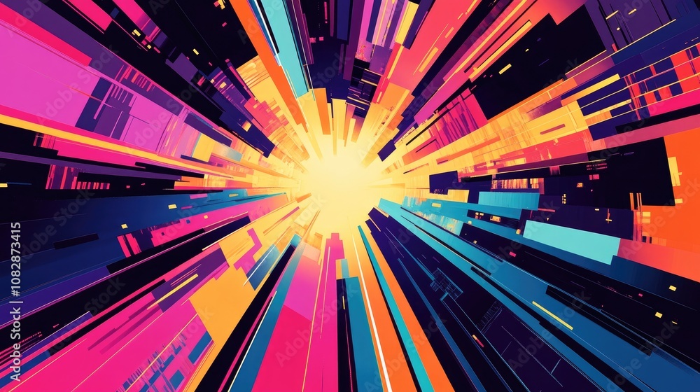 Poster line art illustration depicting a vibrant color zoom effect created through 2d rendering techniques