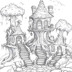 Fototapeta premium Coloring page featuring magical fairy treehouses for kids image