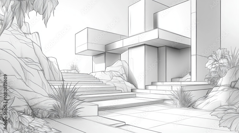 Poster line art illustration depicting a conceptual architecture design in 3d format