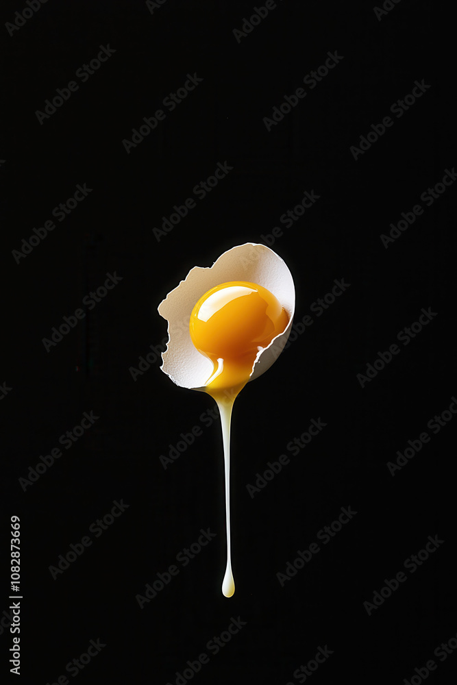 Poster captivating image of fresh egg yolk dripping from a broken shell on black background