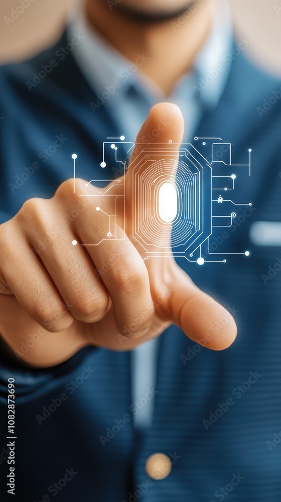 Poster advanced biometric technology displayed through a hologram on a digital touchscreen with intricate c