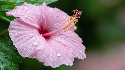 Dew-kissed pink hibiscus glistens, showcasing its vibrant petals and delicate stamen against lush green foliage.