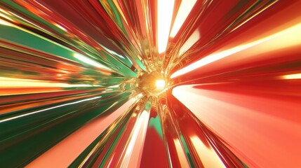 Abstract illustration featuring vibrant high speed lines and rays radiating from the center creating a warp and tunnel effect with a sense of acceleration and attraction in red and green hues