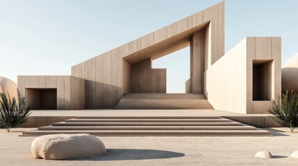 Modern minimalist architectural structure with geometric design in a desert landscape, featuring sand-colored concrete and symmetrical stairs.